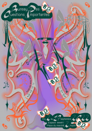Affiche du Festival Bureau des questions importantes - affiche à domination violette et orange, réalisée par Bye Bye Binary (Clara Sambot, Enz@ Le Garrec & Eugénie Bidaut)