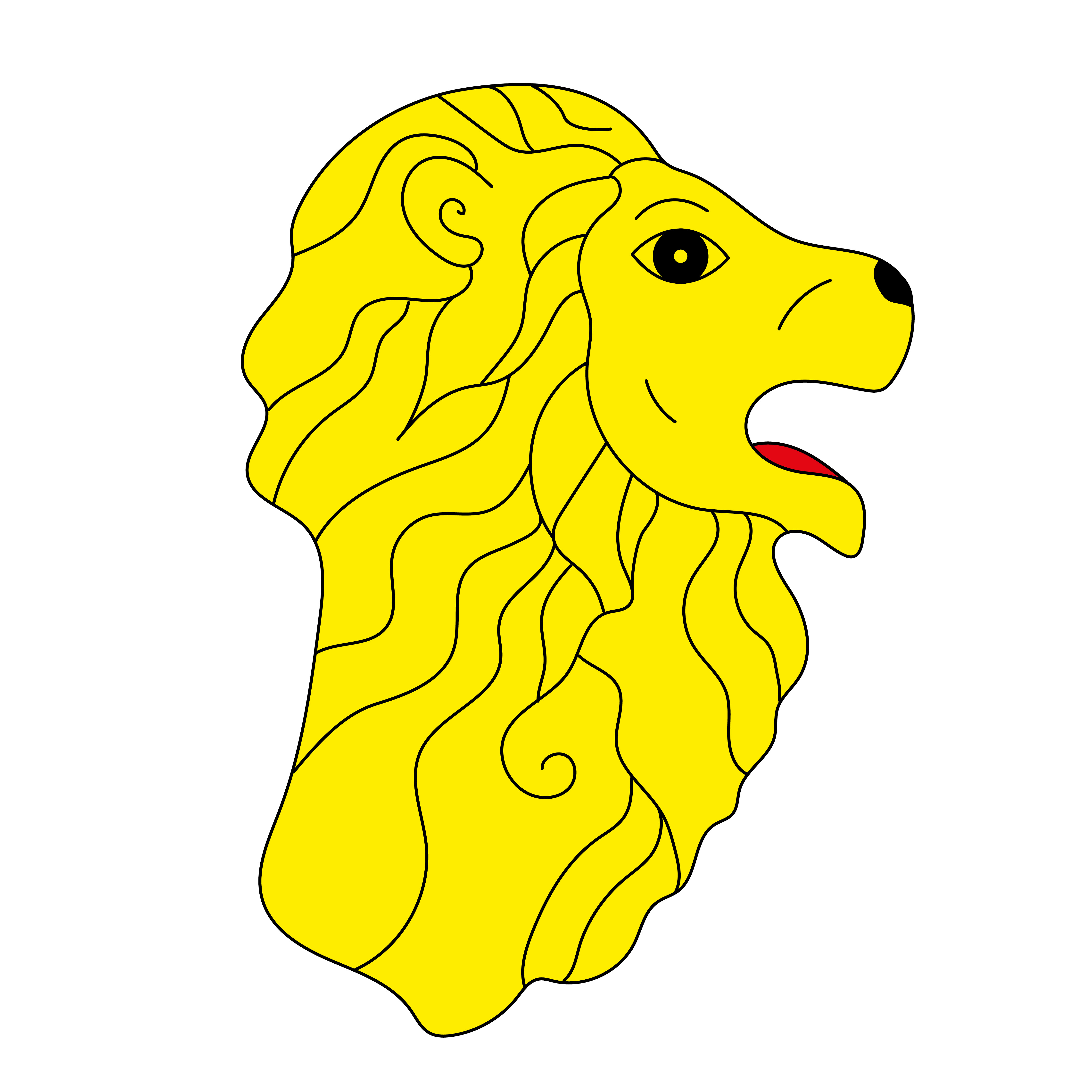 L'image est une illustration réalisée par Neo Neo. Elle représente la tête d'un lion avec sa crinière, vue de profil. Le lion a la gueule ouverte, et a l'air un peu idiot.