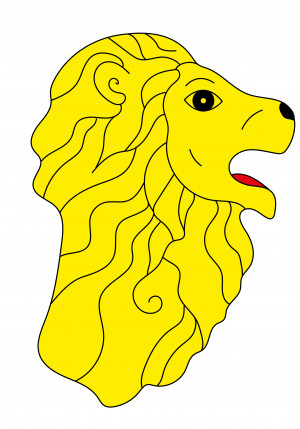 L'image est une illustration réalisée par Neo Neo. Elle représente la tête d'un lion avec sa crinière, vue de profil. Le lion a la gueule ouverte, et a l'air un peu idiot.