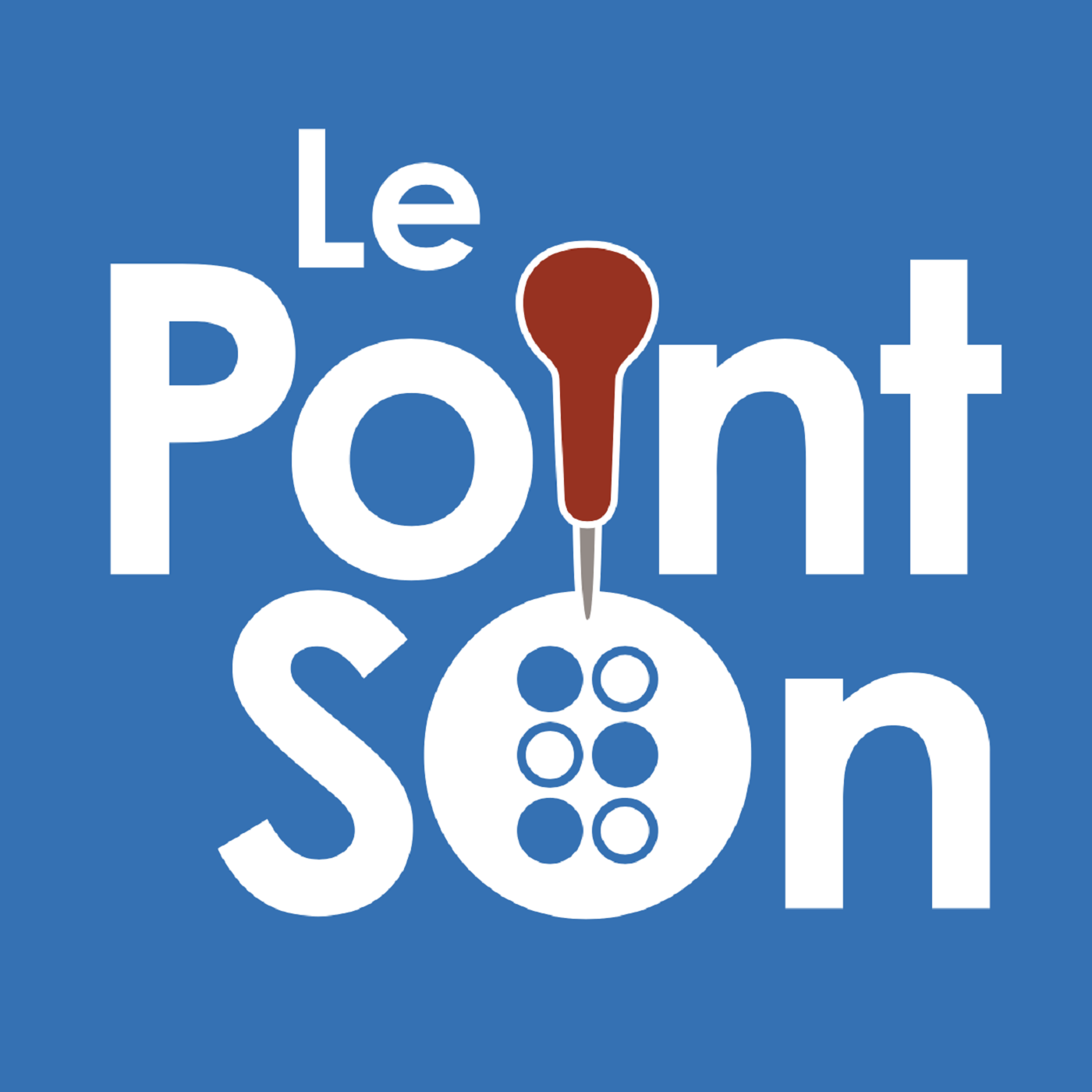 Logo du podcast Le Point Son. On voit le texte Point Son écrit en noir sur fond bleu. Et un micro jaune remplace le I de point.