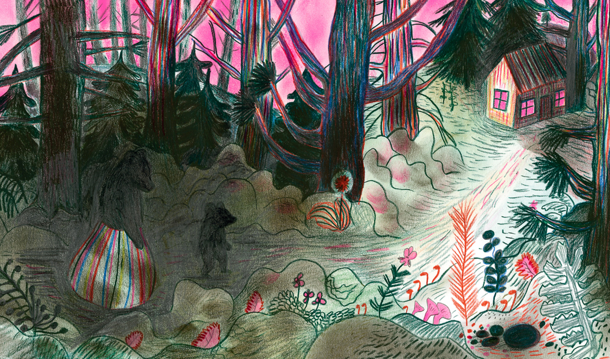 Illustration de Kitty Crowther. L'illustration représente une forêt très sombre. Un ours en jupe et un ourson se dirigent vers une hutte au fond de cette forêt. Le ciel est étrangement rose.