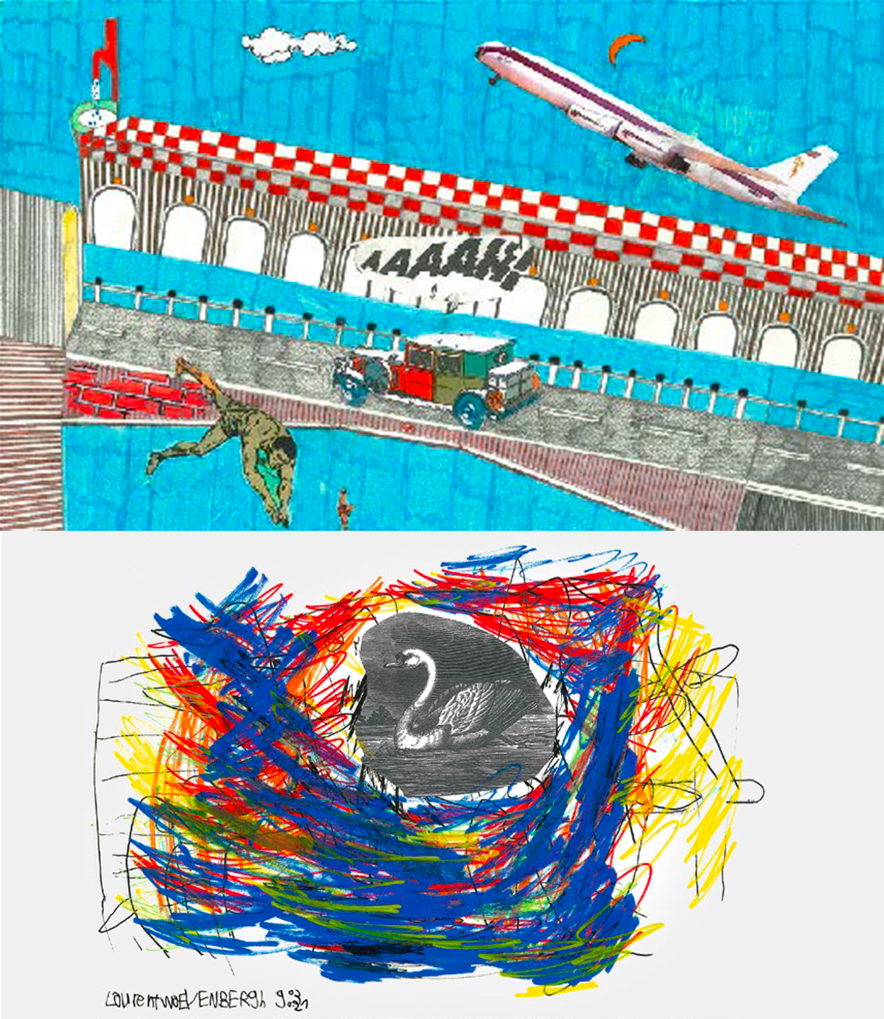 Sur l'image figure des oeuvres des artistes de l'exposition, au feutre. L'image du haut représente un avion qui décolle et un homme qui plonge d'un pont. En bas, au centre d'un mélange de couleurs bleu, rouge et rouge, on voit un cygne en noir et blanc.