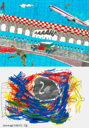 Sur l'image figure des oeuvres des artistes de l'exposition, au feutre. L'image du haut représente un avion qui décolle et un homme qui plonge d'un pont. En bas, au centre d'un mélange de couleurs bleu, rouge et rouge, on voit un cygne en noir et blanc.