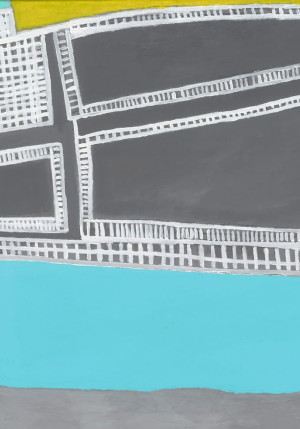 L'image montre un rectangle bleu, surmonté d'un rectangle gris, marqué par des traits blancs pour former un bâtiment architectural.
