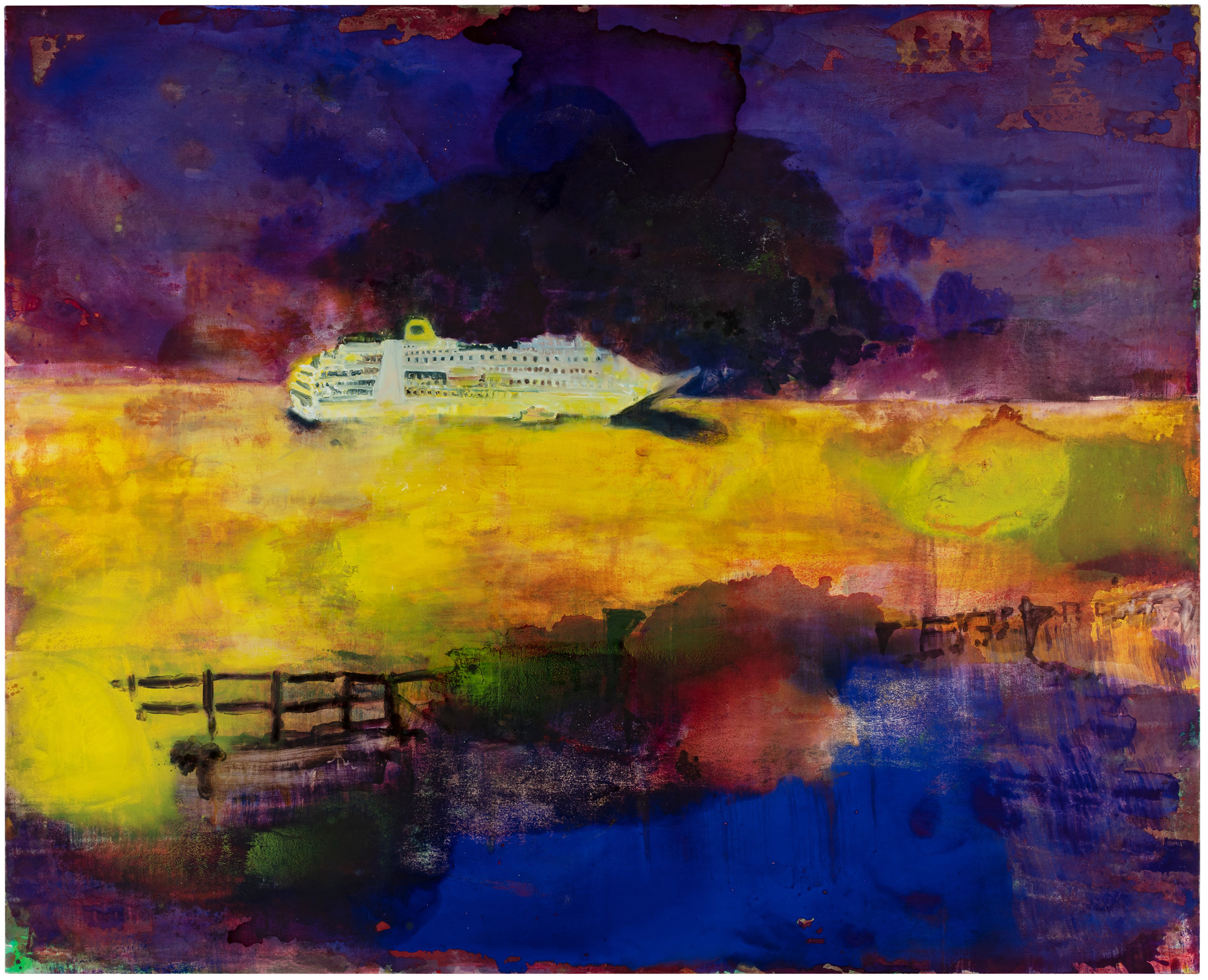 Titre de l'illustration: Rachel Lumsden, Landslide II, 2020. Description: Image d’une peinture représentant au premier plan une barrière brune et une zone bleue, avec une croisière blanche sur une mer jaune au deuxième plan devant un ciel violet foncé.