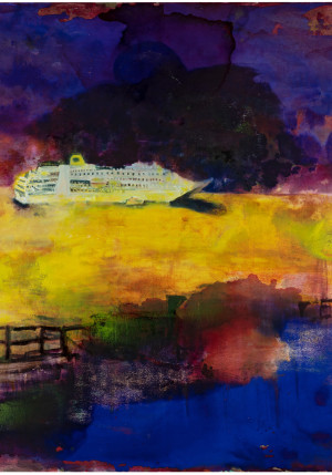 Titre de l'illustration: Rachel Lumsden, Landslide II, 2020. Description: Image d’une peinture représentant au premier plan une barrière brune et une zone bleue, avec une croisière blanche sur une mer jaune au deuxième plan devant un ciel violet foncé.