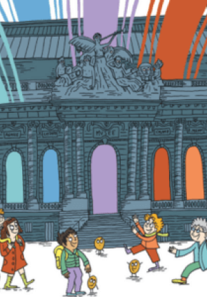 Il s'agit d'une illustration colorée représentant le musée d'art et d'histoire avec plein de couleurs qui en sortent. Des personnages se baladent devant le musée avec des patates.