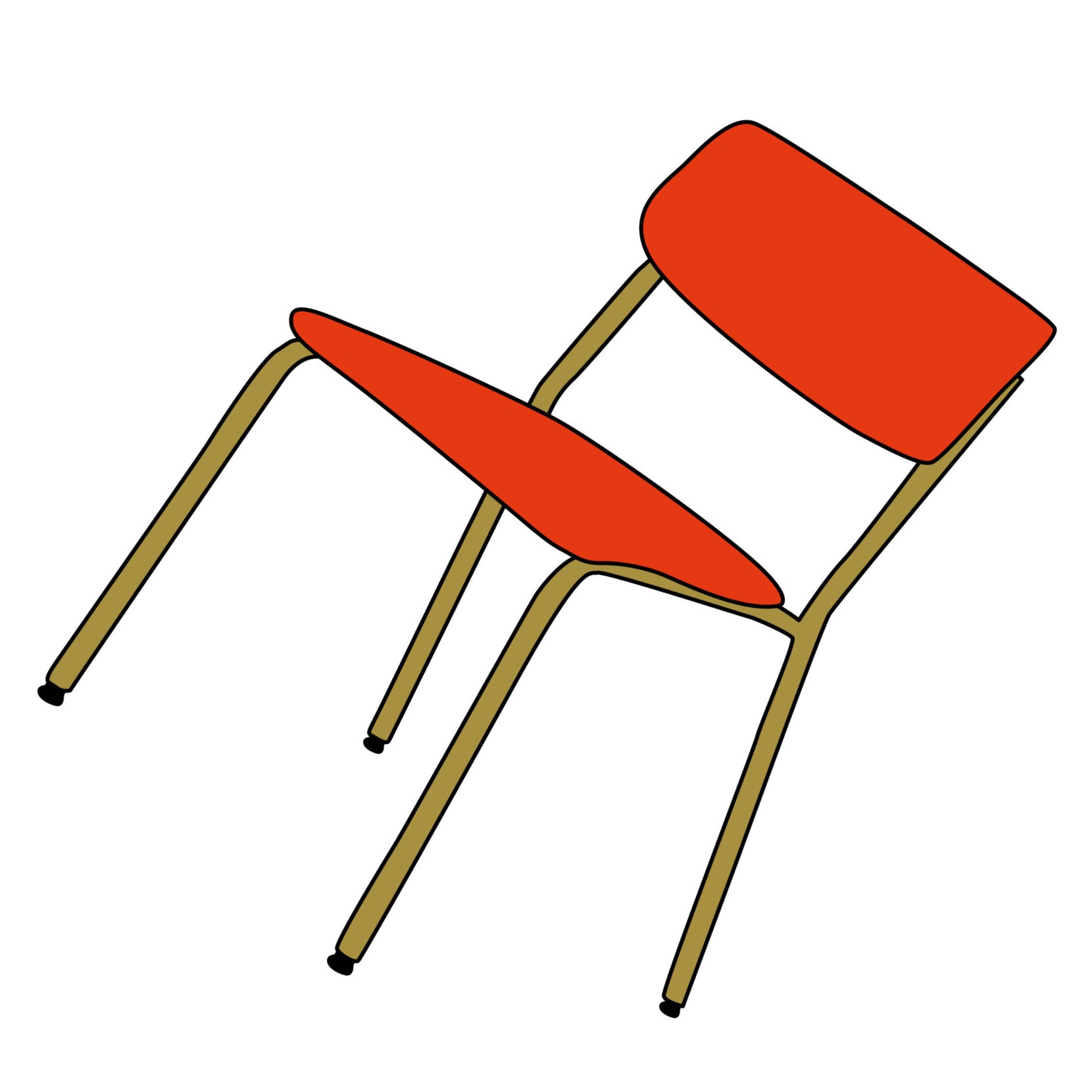 Descriptif photo © cie Marjolaine Minot : Dessin d'une chaise rouge avec armatures jaune-vert. Elle est penchée sur son côté arrière gauche.