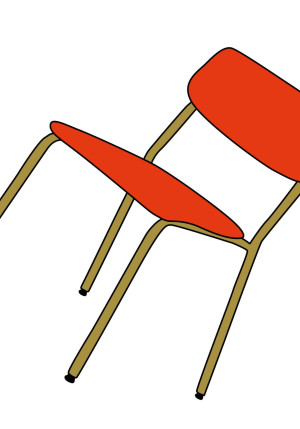 Descriptif photo © cie Marjolaine Minot : Dessin d'une chaise rouge avec armatures jaune-vert. Elle est penchée sur son côté arrière gauche.