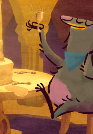 Il s'agit d'un dessin, montrant un rat assis sur un tabouret, prêt à déguster un bout de fromage. Le rat est devant une table recouverte de fromage.
