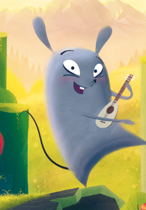 L'illustration montre une souris grise sur un pied. Elle a une guitare et semble danser. Le paysage derrière elle est composé d'îlots de verdure avec des animaux qui chantent et dansent.