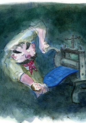 Un dessin de Thomas Grand en aquarelle. Un bonhomme aplatit avec une grosse machine un enfant. Le bonhomme a une grande moustache et des sourcils touffus noirs. Il a l'air concentré. L'enfant a les yeux fermés et il sourit. Il porte un t-shirt bleu.